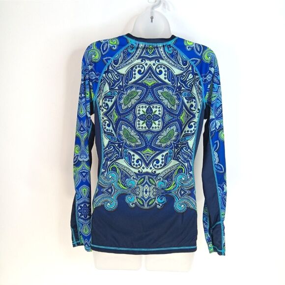 ATHLETA Runaway Blue Green Paisley Print Medium UPF Athletic Long Sleeve Shirt - Picture 8 of 15